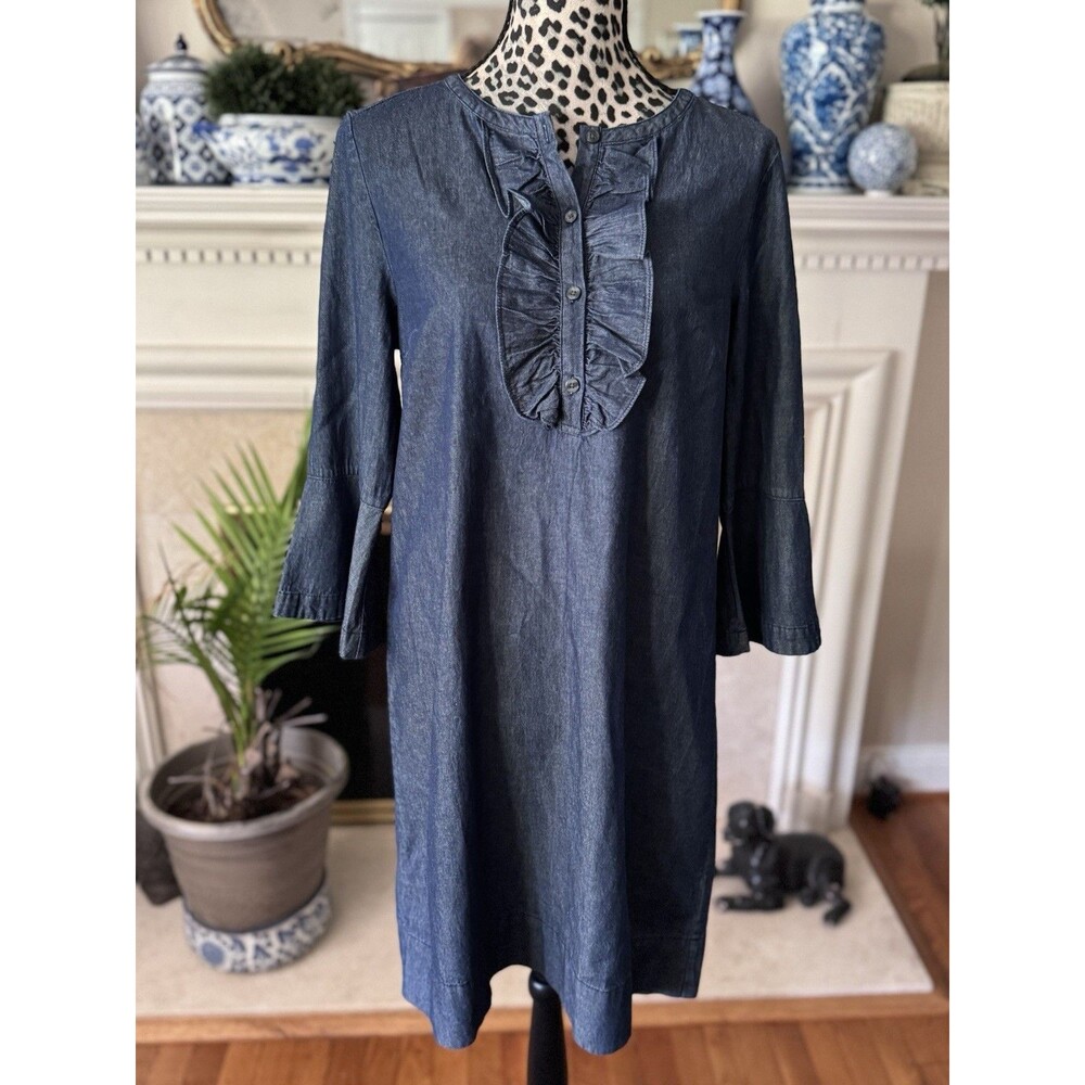 Draper James Womens Denim Dress Size 12 Blue Ruffle Front 3/4 Bell Sleeve